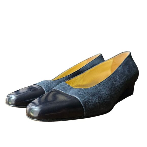 Vintage Bruno Magli Blue Leather Pumps Block Heel Cap Toe Narrow Womens 8.5 AA - Picture 2 of 14